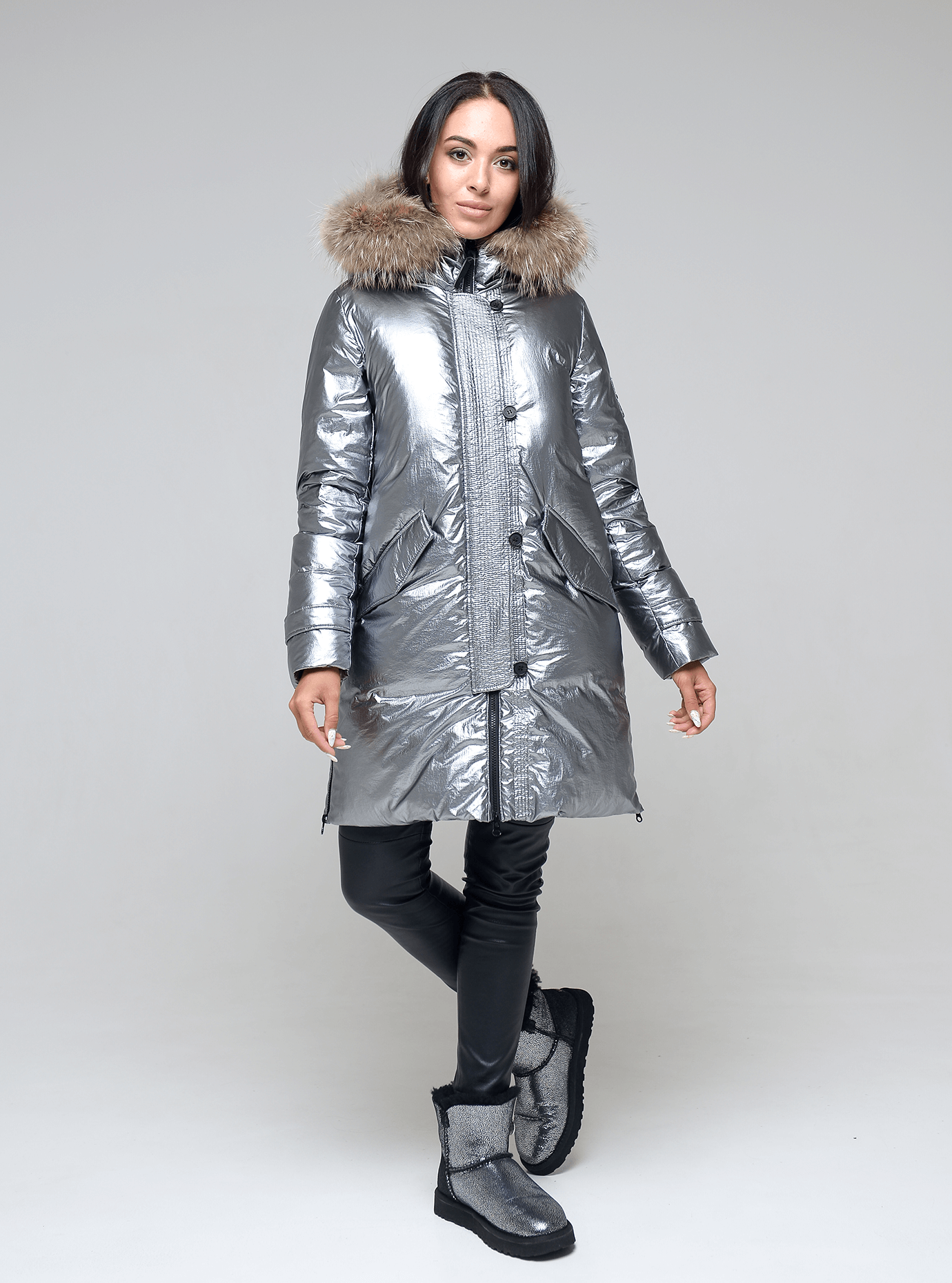 Пуховик женский металлик с мехом Серебряный L (02-MS19017): фото - Alster.ua