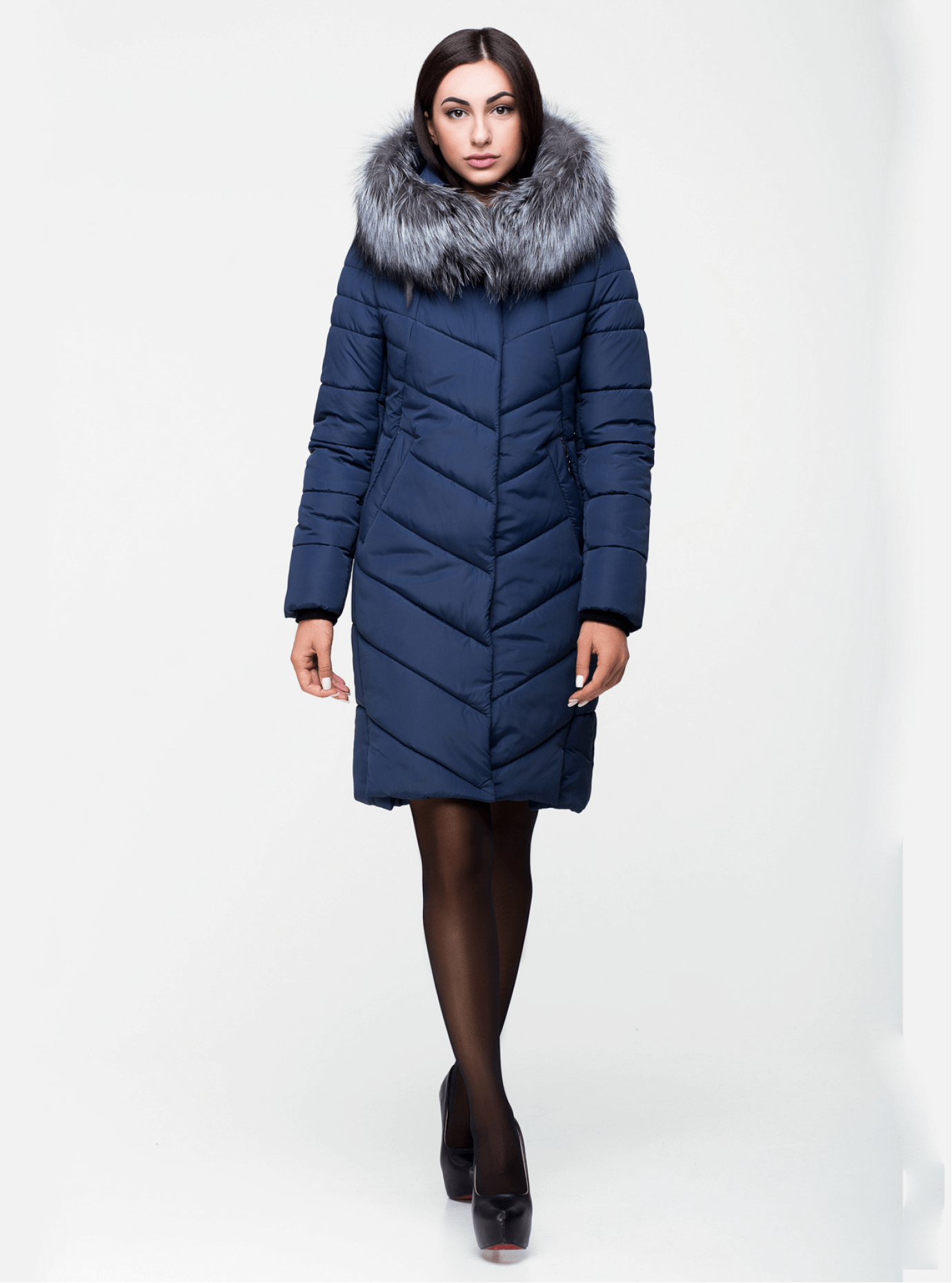 Куртка зимняя длинная с мехом чернобурки Синий 44 (03-P19058): фото - Alster.ua