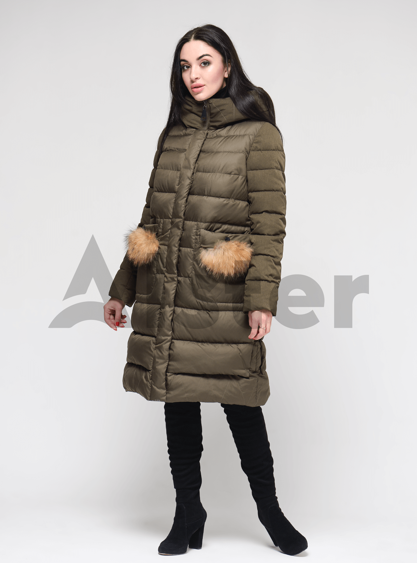 Пуховик женский с мехом енота Хаки XL (02-4735): фото - Alster.ua