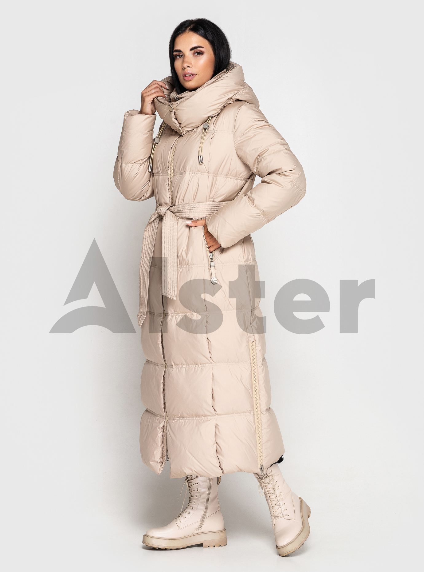 Длинный женский пуховик CLASNA 170 с капюшоном Тёмный бежевый S (23D170DW-11): фото - Alster.ua