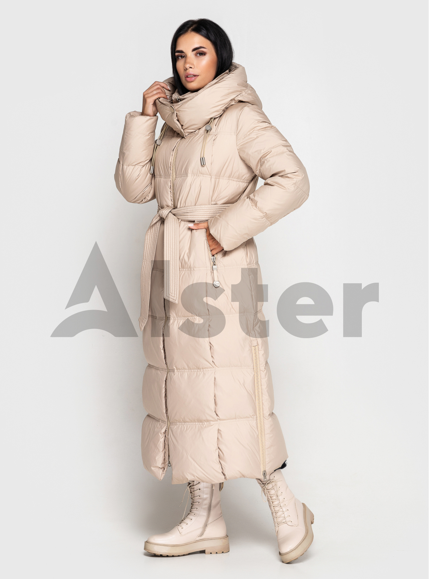 Длинный женский пуховик CLASNA 170 с капюшоном Тёмный бежевый L (23D170DW-13): фото - Alster.ua
