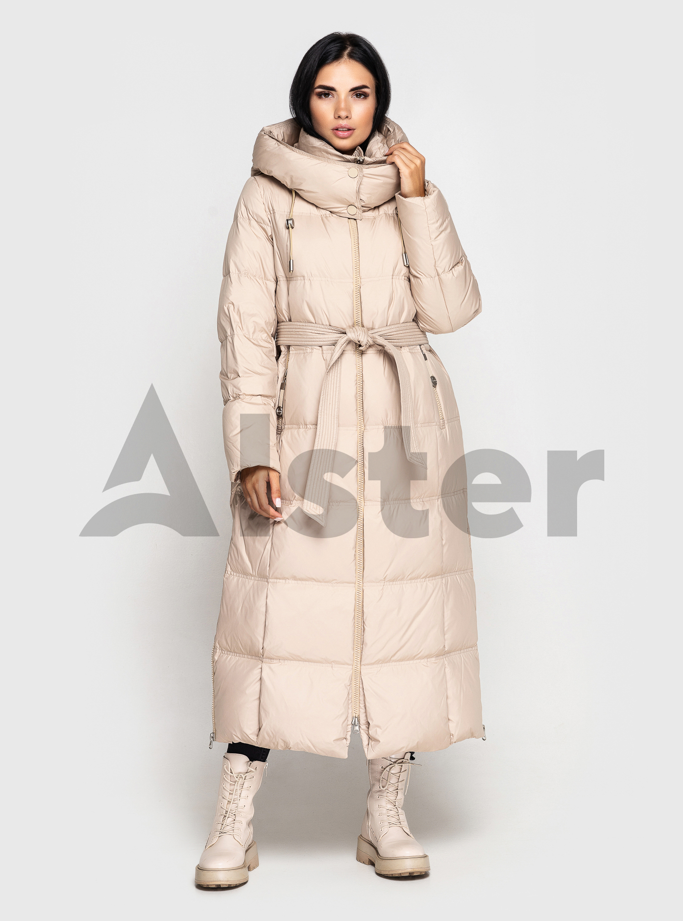 Длинный женский пуховик CLASNA 170 с капюшоном Тёмный бежевый L (23D170DW-13): фото - Alster.ua