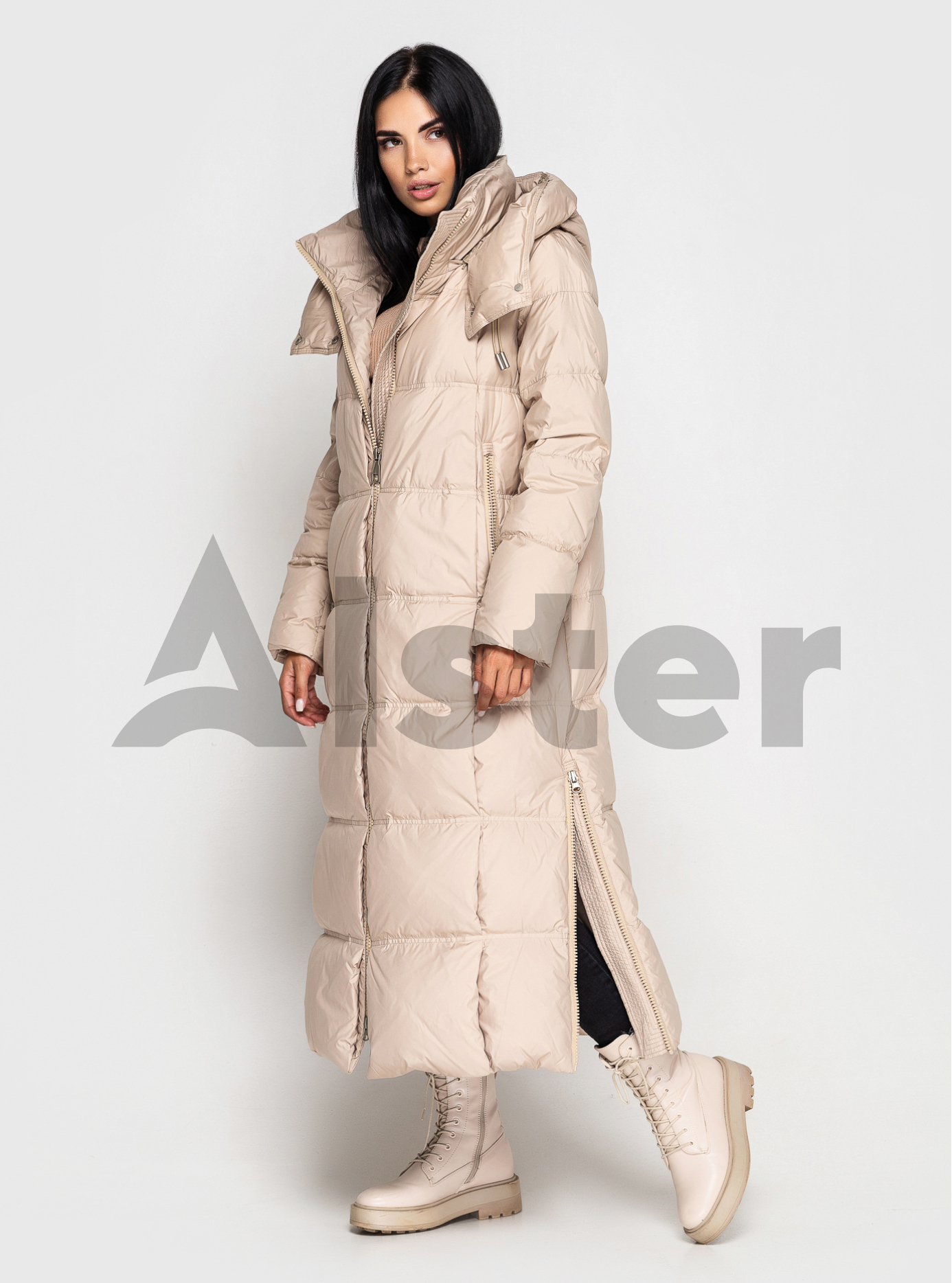 Длинный женский пуховик CLASNA 170 с капюшоном Тёмный бежевый S (23D170DW-11): фото - Alster.ua