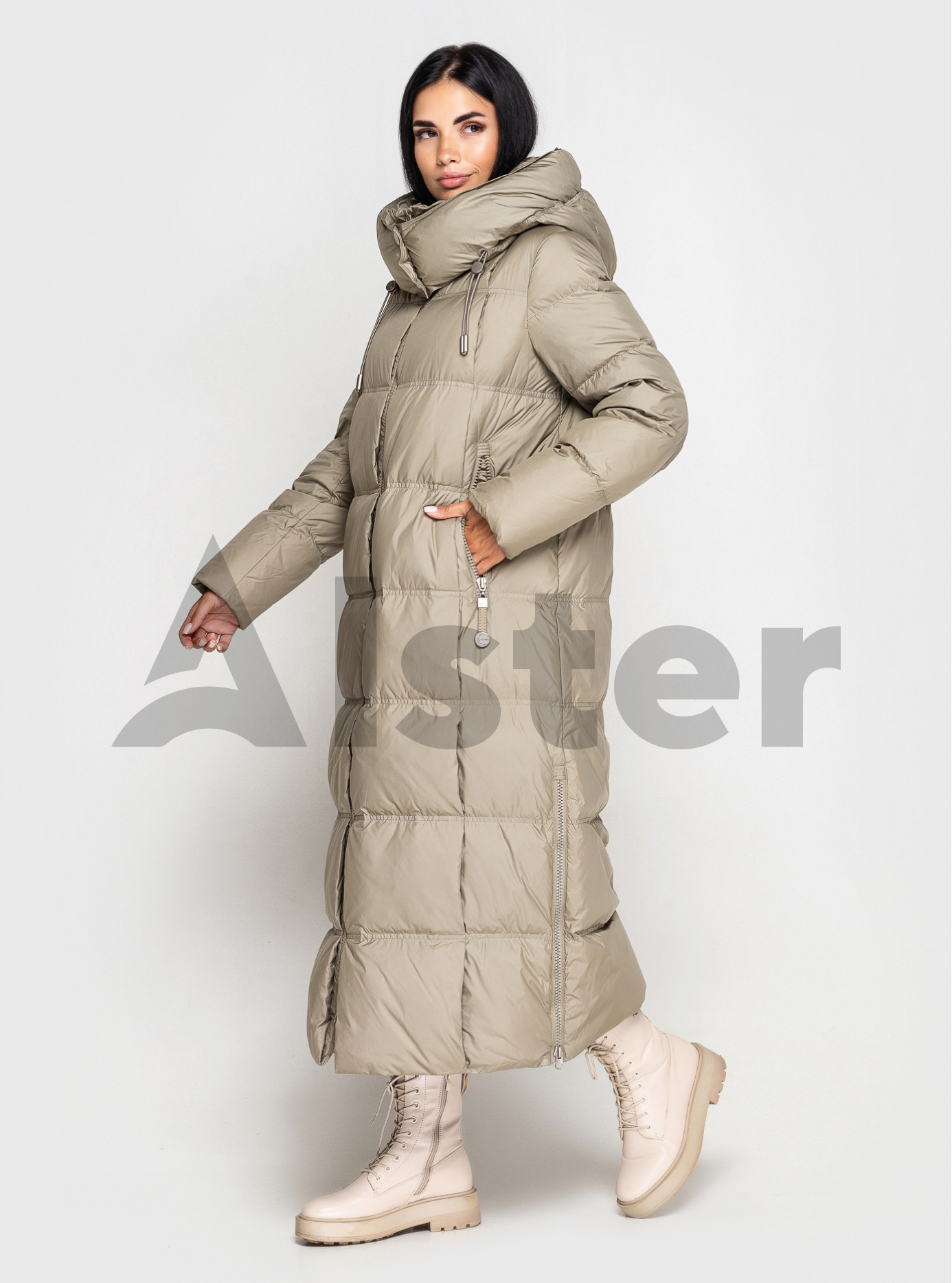 Длинный женский пуховик CLASNA 170 с капюшоном Оливковый XL (23D170DW-24): фото - Alster.ua