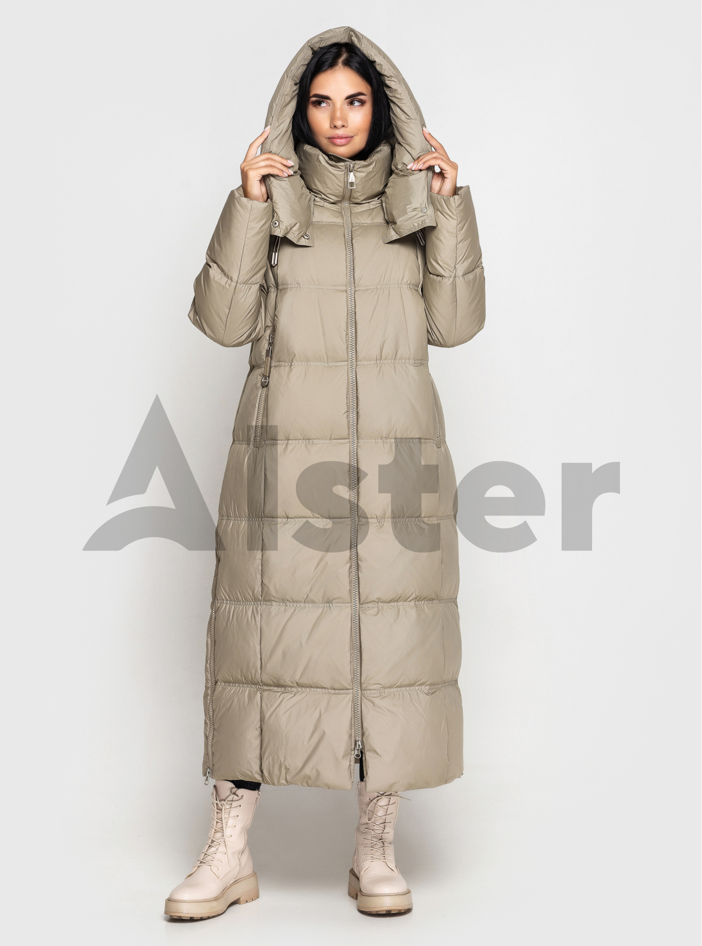 Длинный женский пуховик CLASNA 170 с капюшоном Оливковый XL (23D170DW-24): фото - Alster.ua