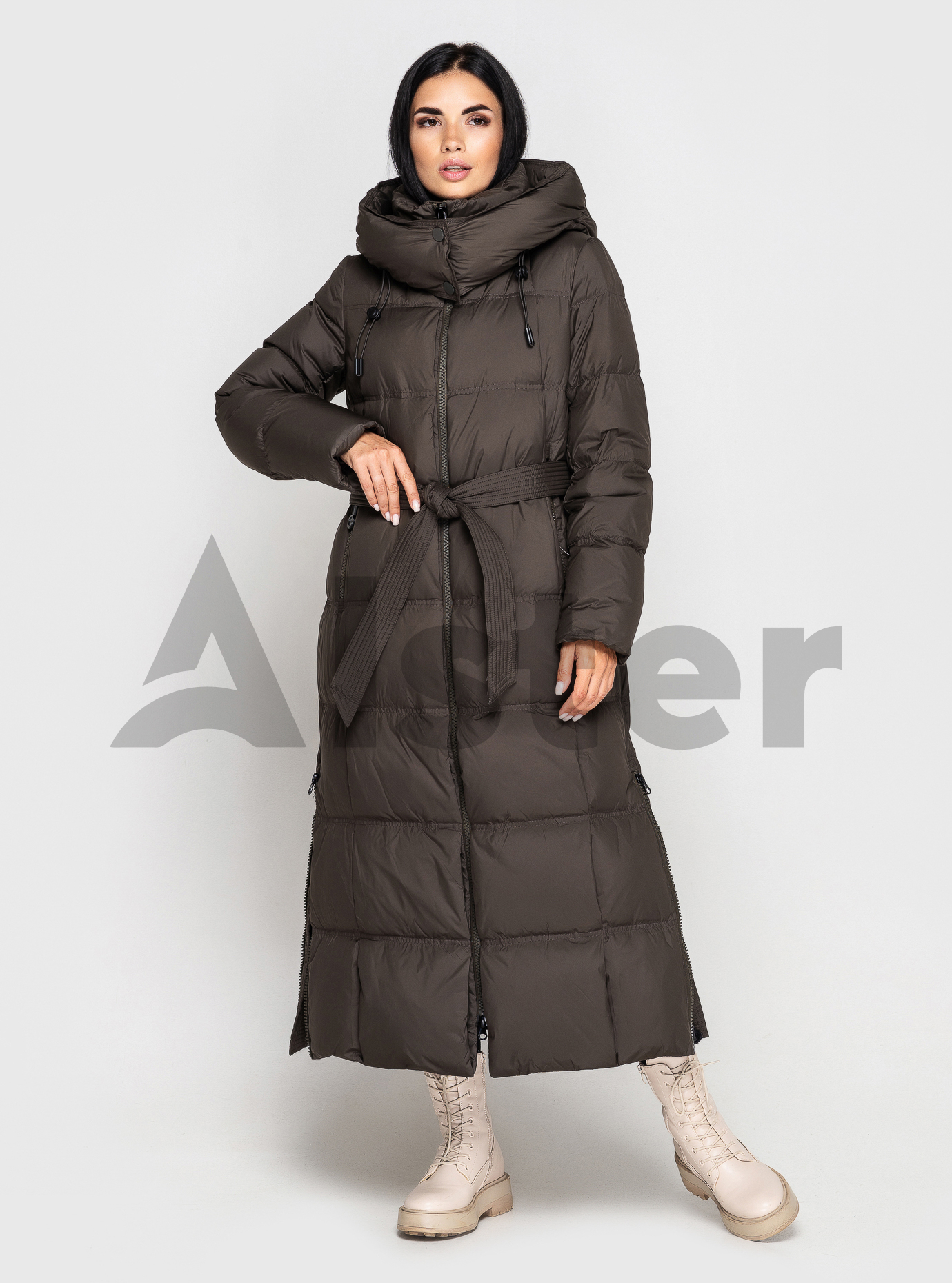 Длинный женский пуховик CLASNA 170 с капюшоном Коричневый L (23D170DW-08): фото - Alster.ua