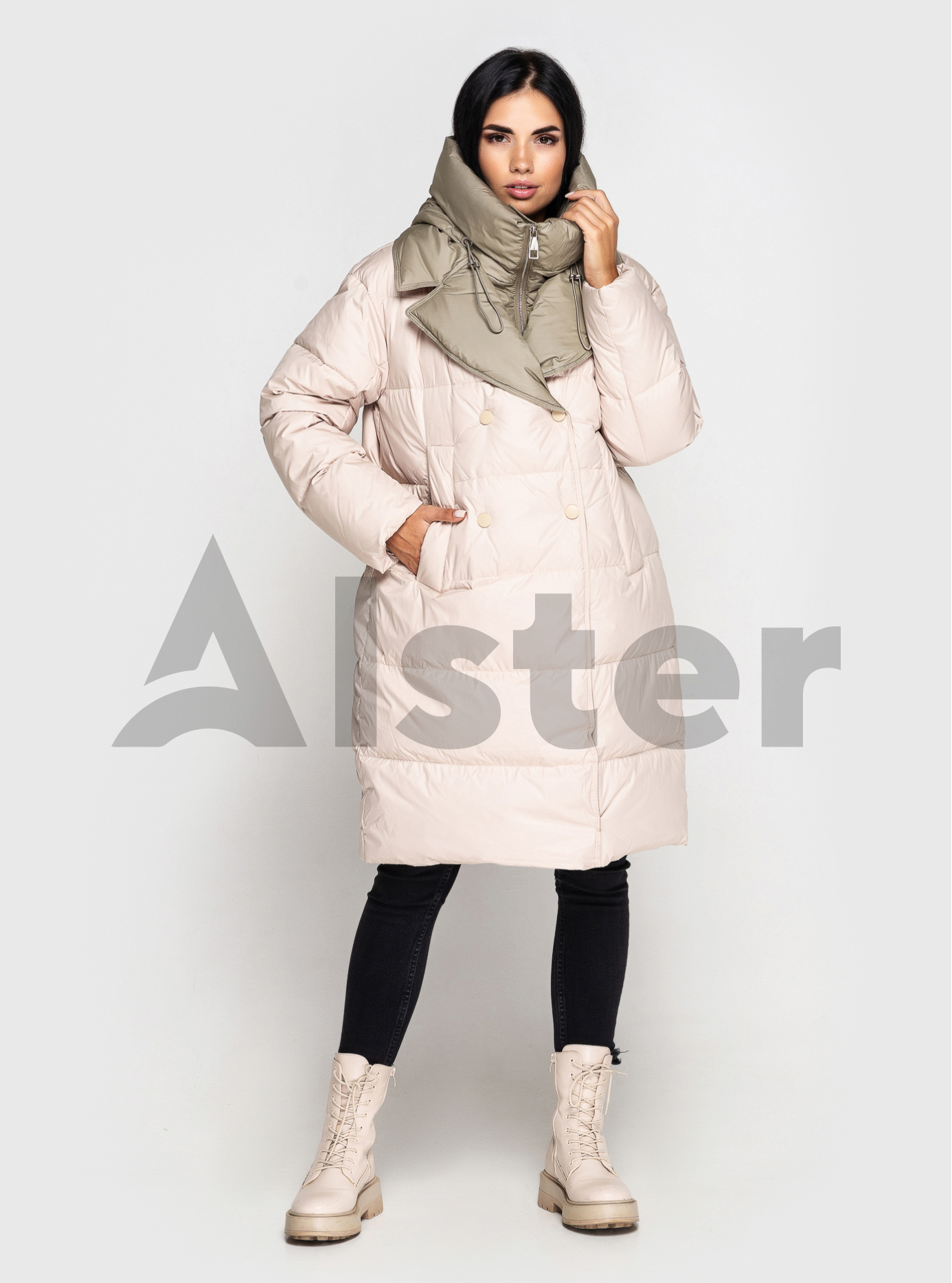 Женский пуховик CLASNA 269 с двойным воротником Бежевый L (23D269DW-12): фото - Alster.ua