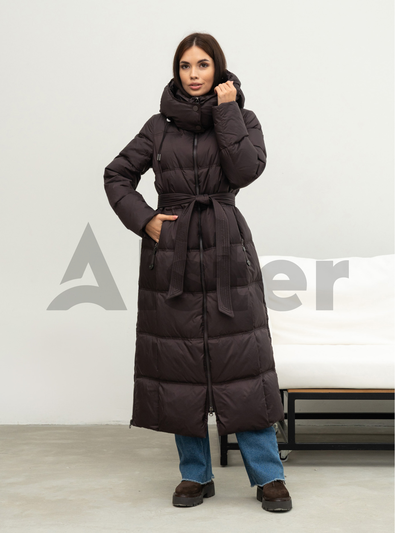 Довгий жіночий пуховик CLASNA 170 з капюшоном Шоколадний L (25D170DW-03): фото - Alster.ua