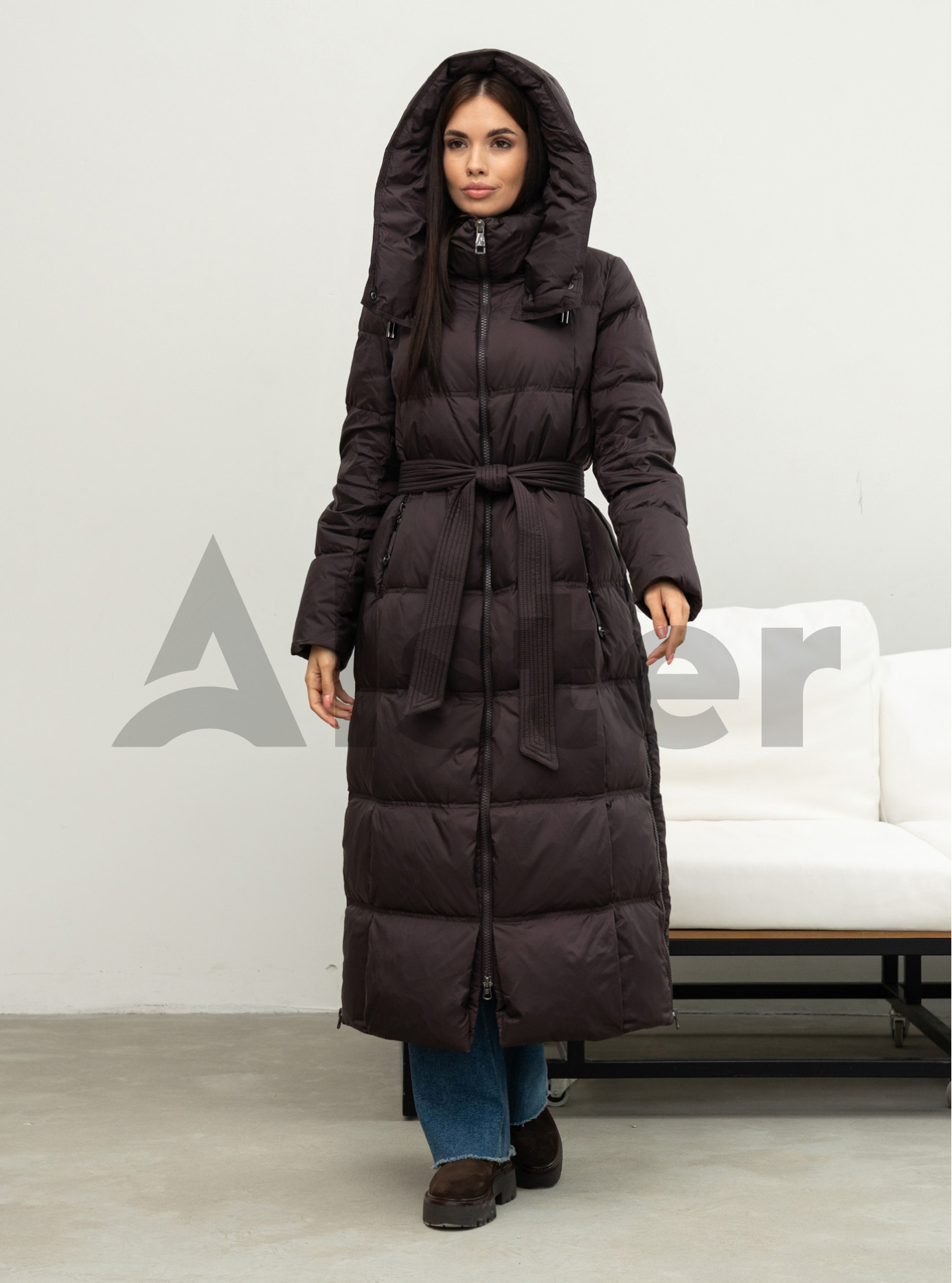 Довгий жіночий пуховик CLASNA 170 з капюшоном Шоколадний L (25D170DW-03): фото - Alster.ua