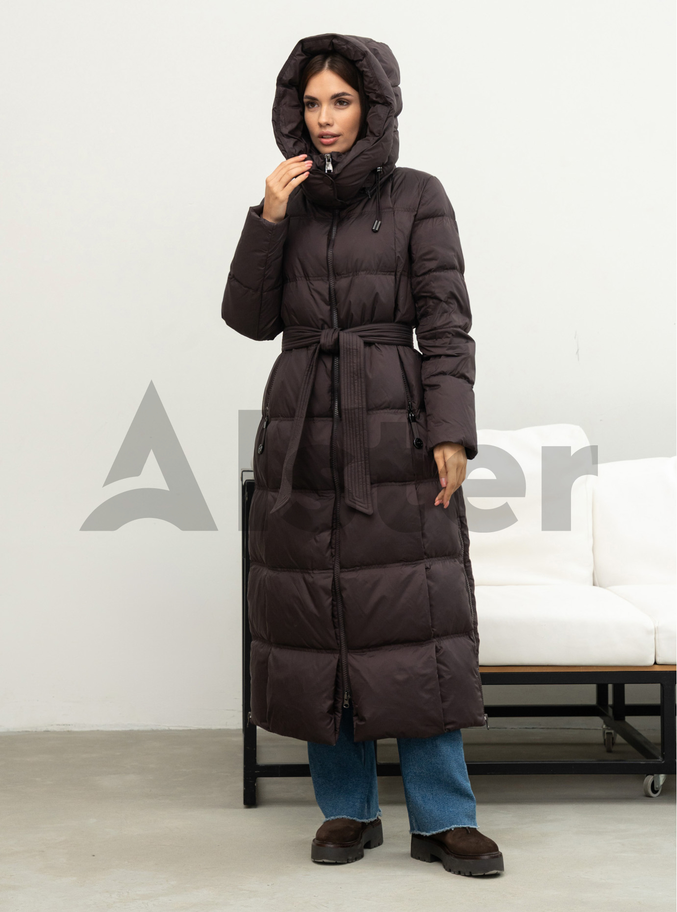 Довгий жіночий пуховик CLASNA 170 з капюшоном Шоколадний L (25D170DW-03): фото - Alster.ua