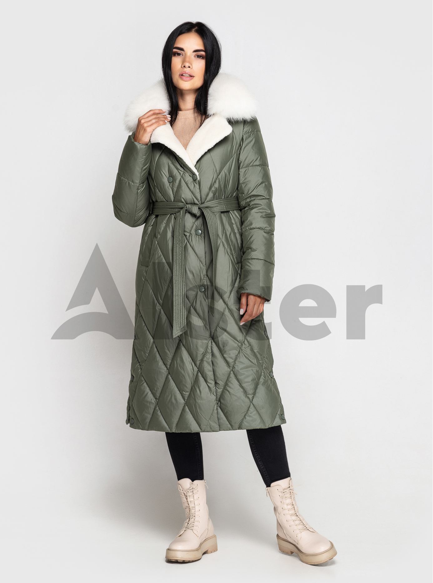 Длинное зимнее пальто QARLEVAR с мехом Серо-зелёный 42 (QRL6-878-13): фото - Alster.ua