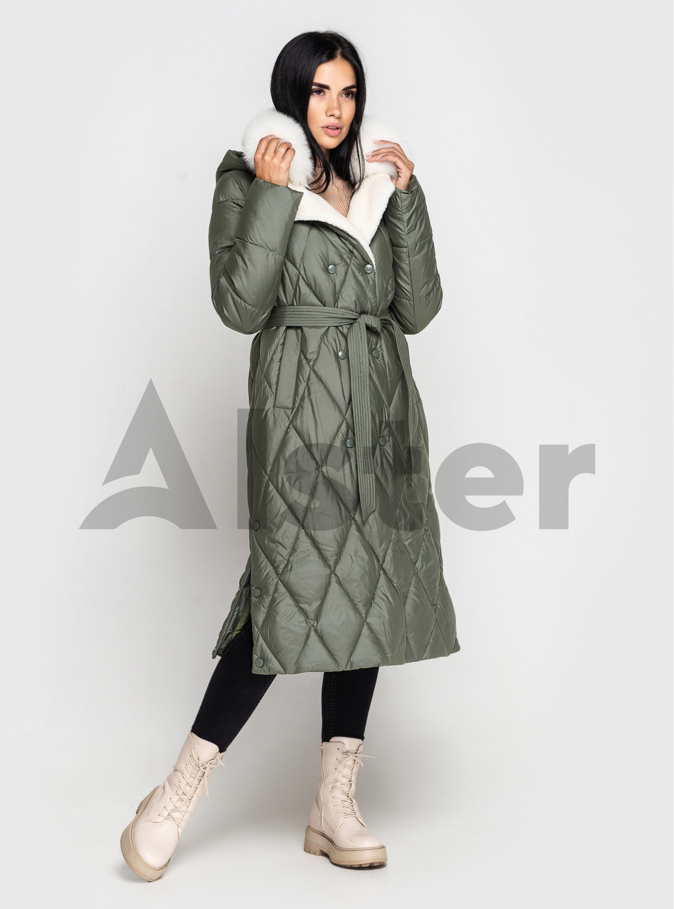 Длинное зимнее пальто QARLEVAR с мехом Серо-зелёный 42 (QRL6-878-13): фото - Alster.ua