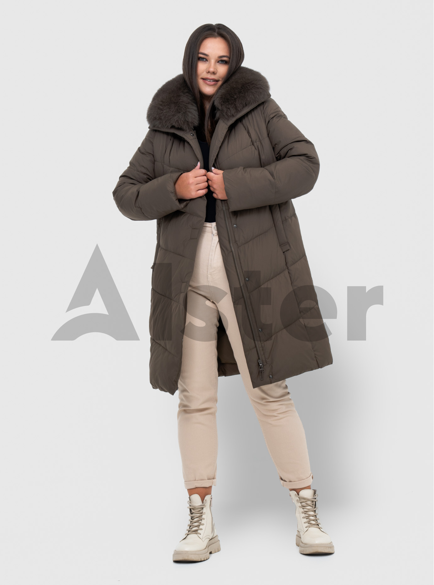 Зимнее женское пальто QARLEVAR 6038 с мехом Серо-коричневый 48 (QRL6038-17): фото - Alster.ua
