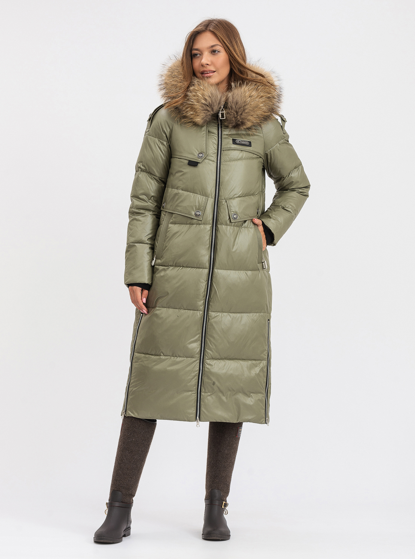 Пуховик женский длинный с капюшоном Vo-Tarun Серо-зелёный XL (VT022-840-03): фото - Alster.ua