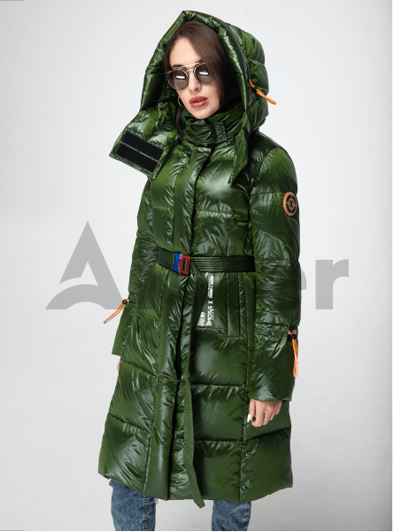 Пуховик женский длинный с поясом