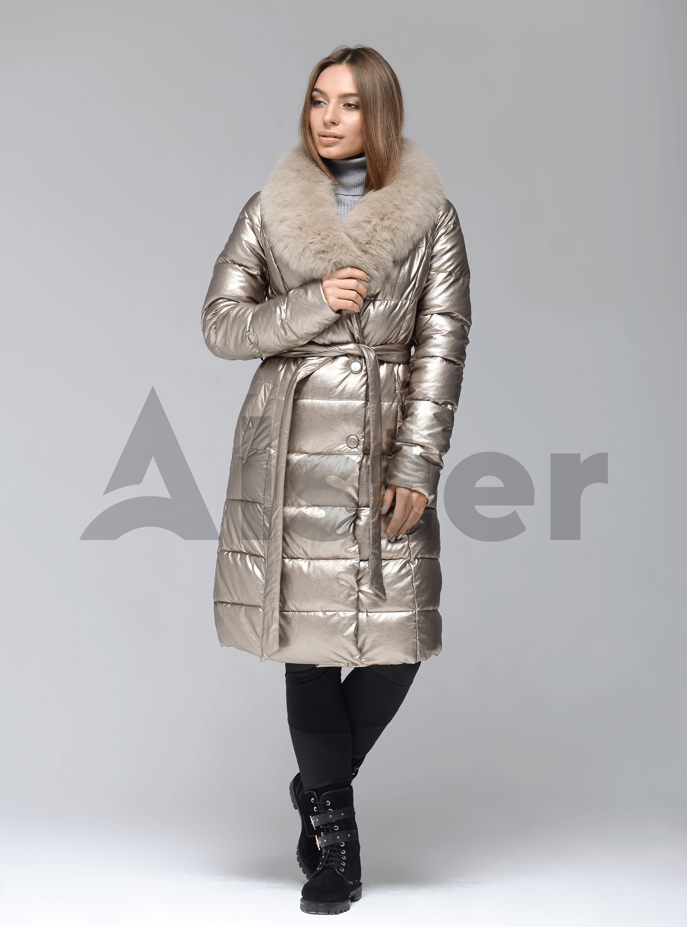 Куртка зимняя с поясом и воротником из песца Золотой S (05-ZL2569): фото - Alster.ua