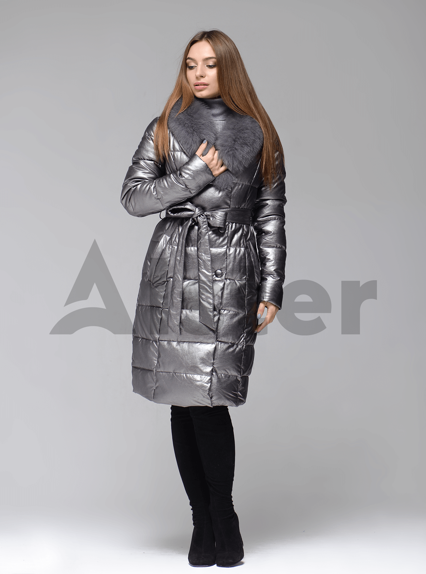 Куртка зимняя с поясом и воротником из песца Серебряный S (05-ZL2570): фото - Alster.ua