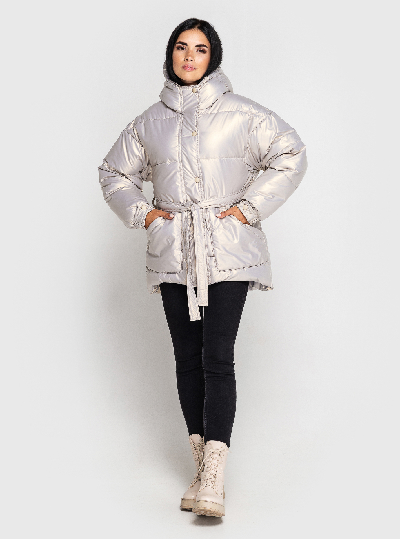 Объёмная короткая куртка под пояс ZLLY Жемчужный M (ZL577-06): фото - Alster.ua