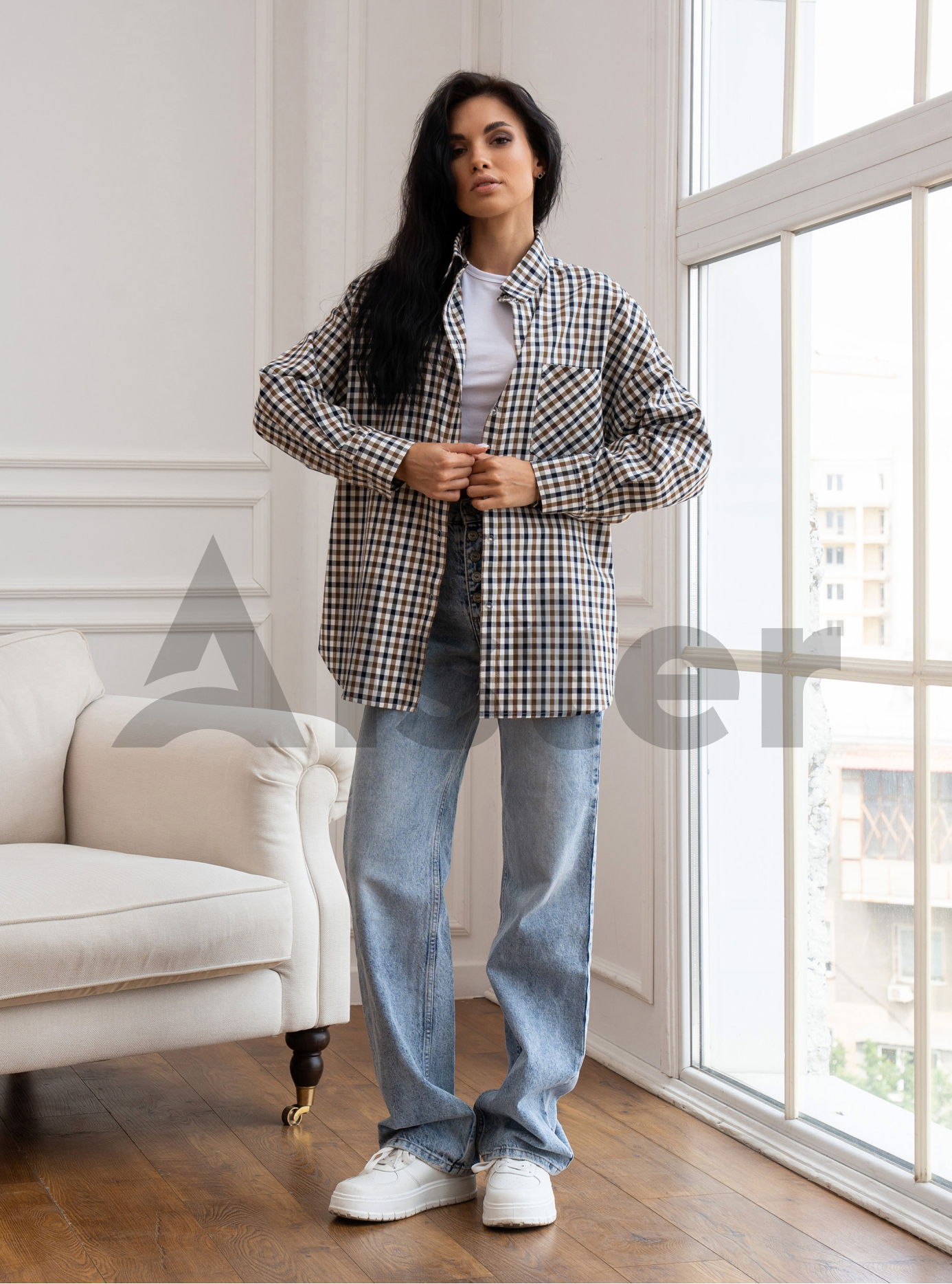 Женская клетчатая рубашка 2517 с длинным рукавом Оливковый S-M (A2517-04): фото - Alster.ua