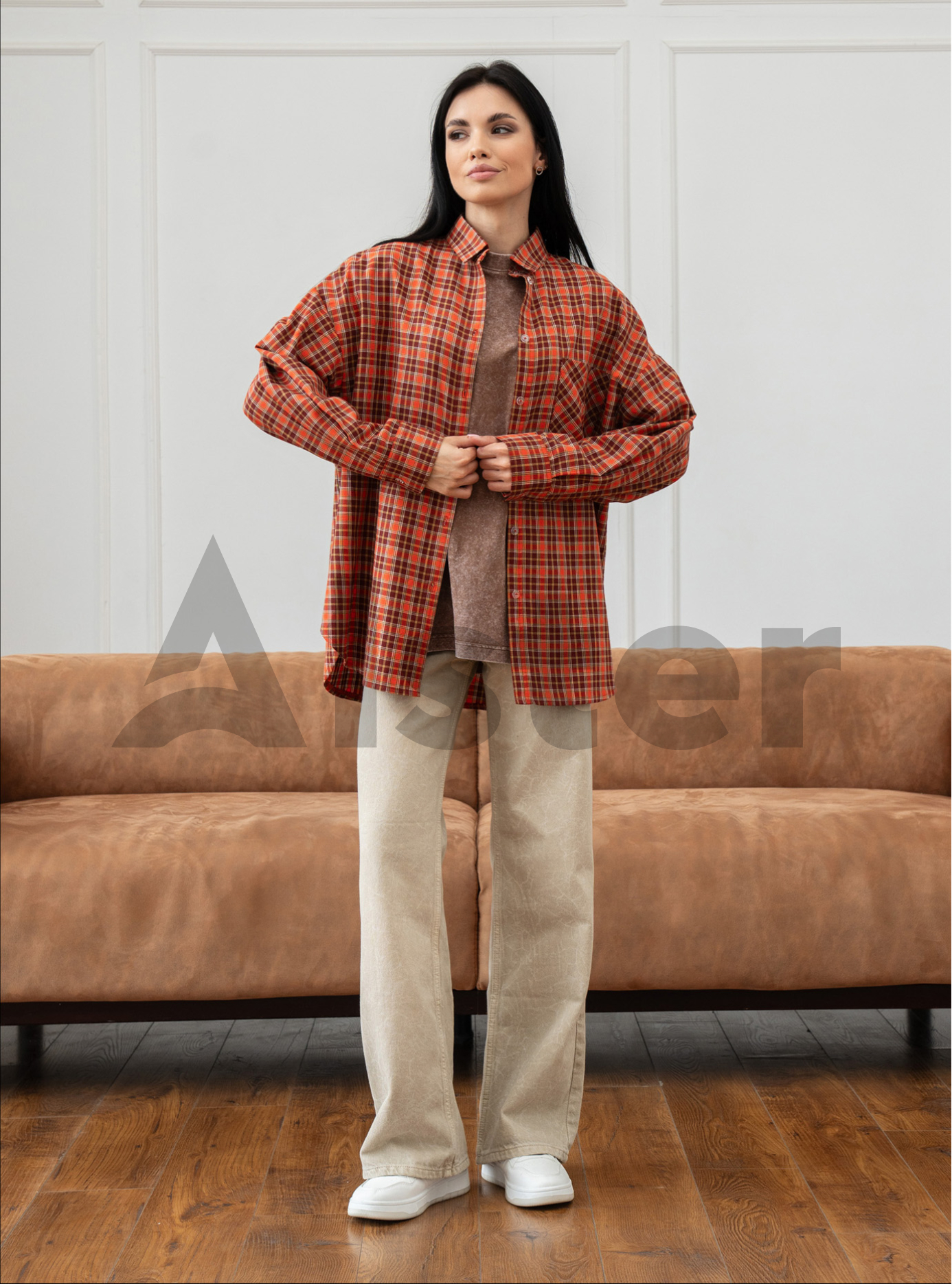 Жіноча картата сорочка 2517 з довгим рукавом Помаранчевий S-M (A2517-01): фото - Alster.ua