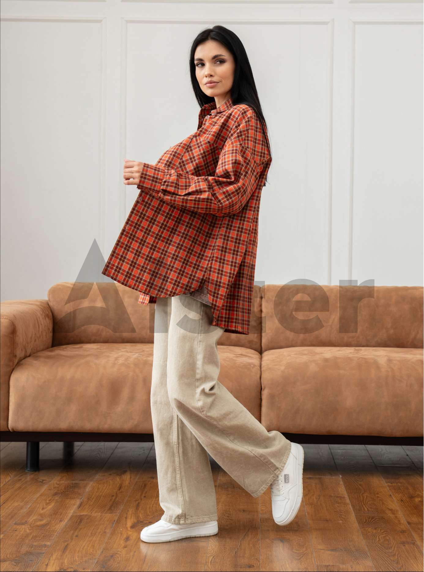 Жіноча картата сорочка 2517 з довгим рукавом Помаранчевий S-M (A2517-01): фото - Alster.ua