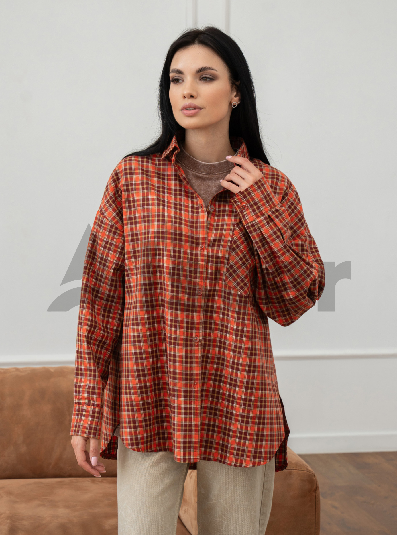 Жіноча картата сорочка 2517 з довгим рукавом Помаранчевий S-M (A2517-01): фото - Alster.ua