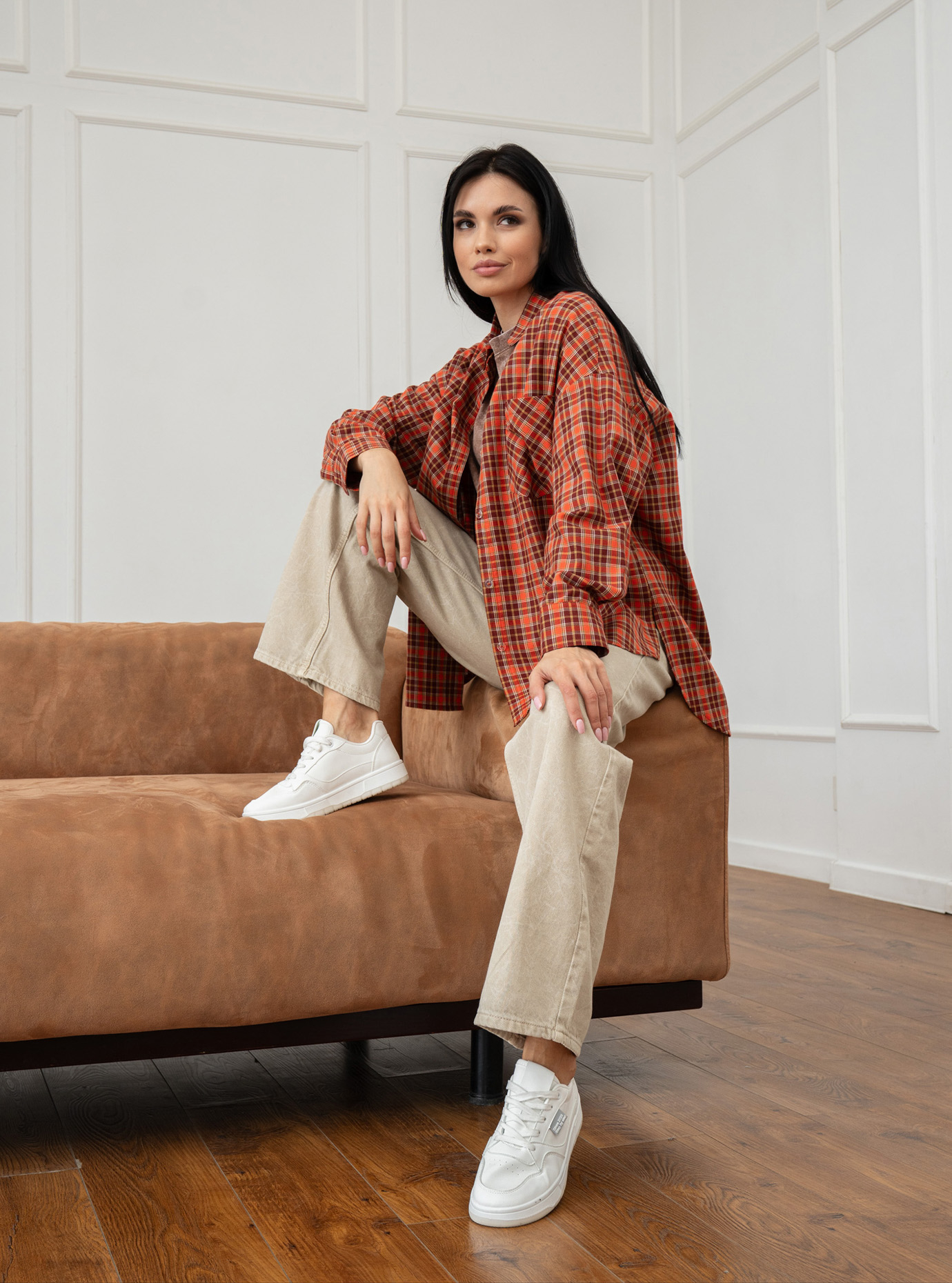 Жіноча картата сорочка 2517 з довгим рукавом Помаранчевий S-M (A2517-01): фото - Alster.ua