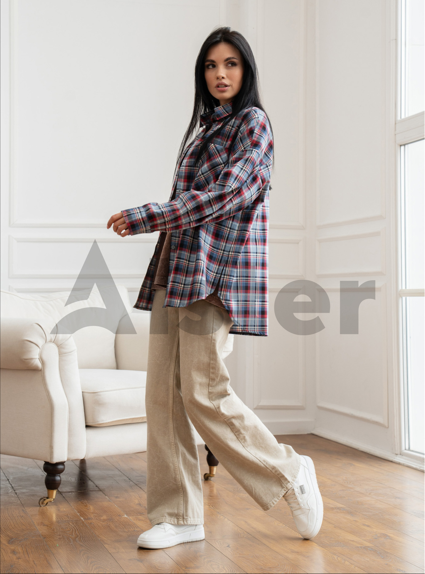 Женская клетчатая рубашка 2517 с длинным рукавом Джинс S-M (A2517-03): фото - Alster.ua