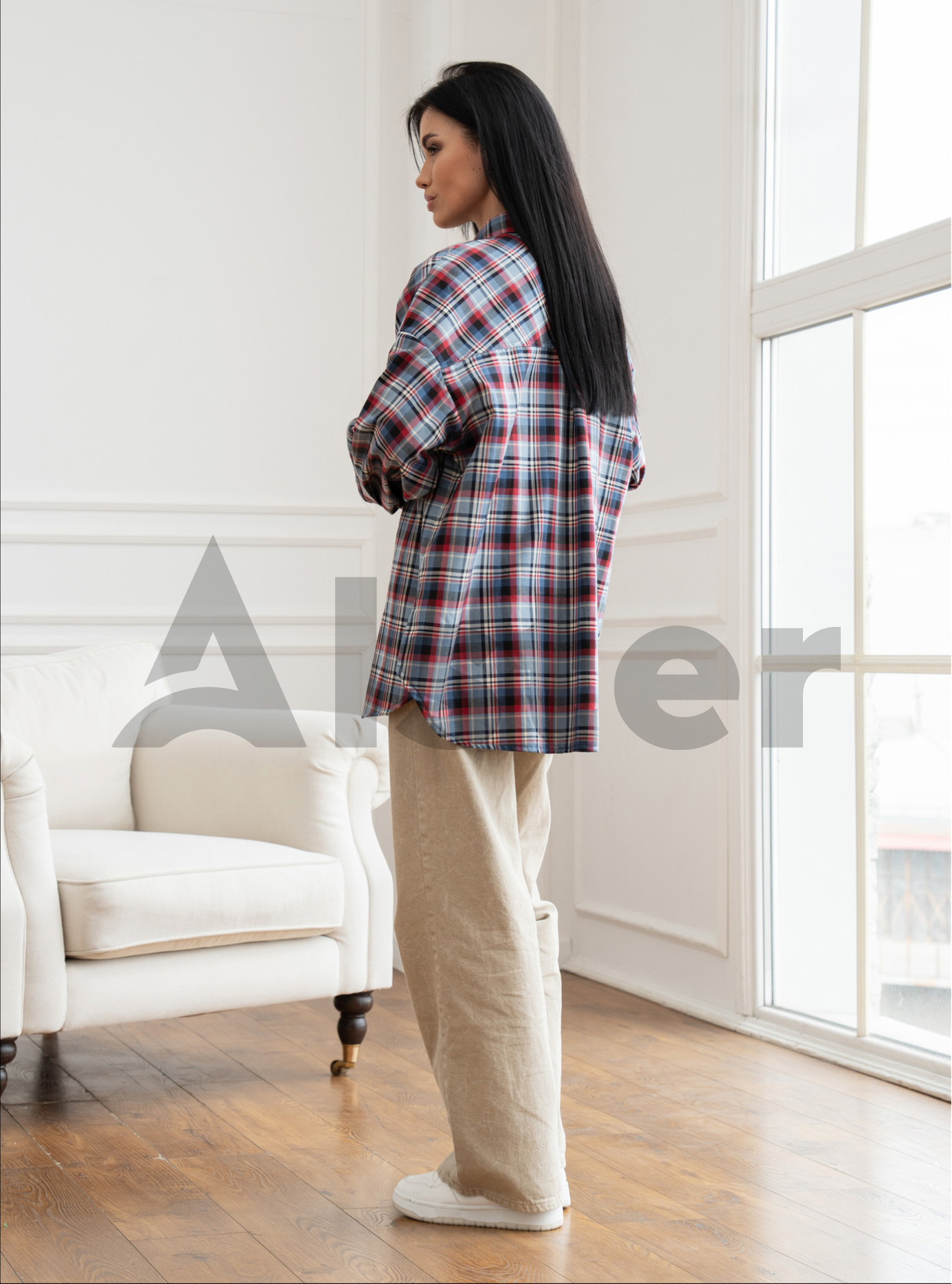 Женская клетчатая рубашка 2517 с длинным рукавом Джинс S-M (A2517-03): фото - Alster.ua