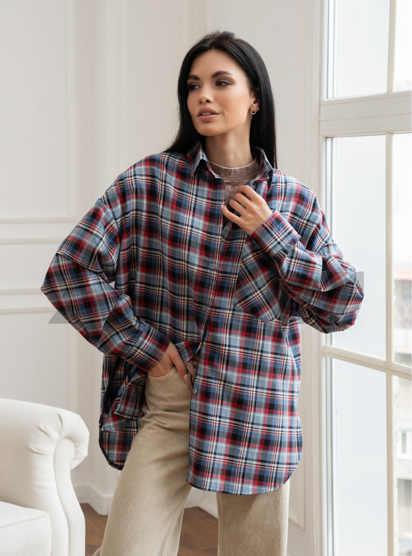 Женская клетчатая рубашка 2517 с длинным рукавом Джинс S-M (A2517-03): фото - Alster.ua