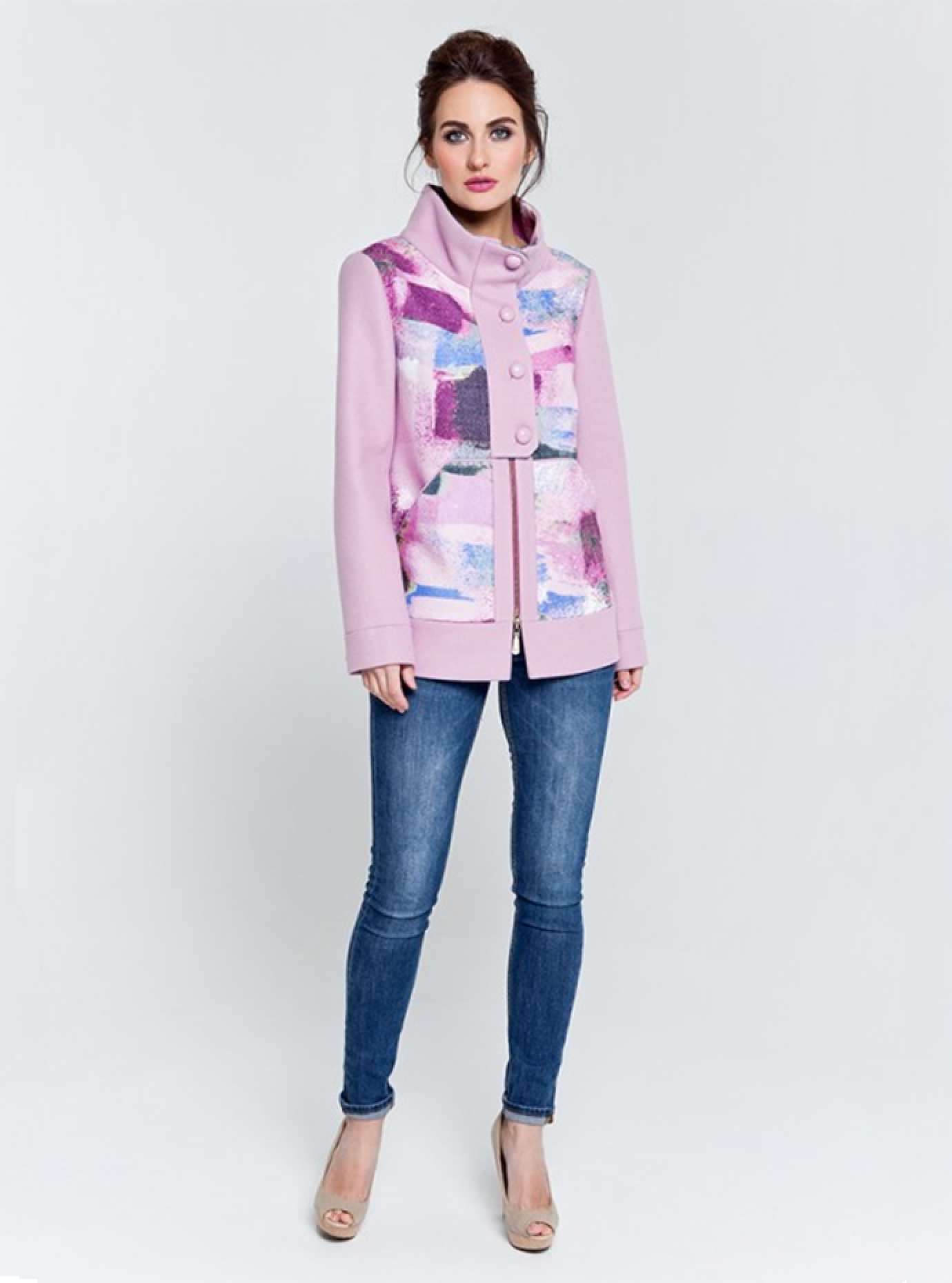 Пальто демисезонное короткое с принтом Розовый 42 (07-P17010): фото - Alster.ua