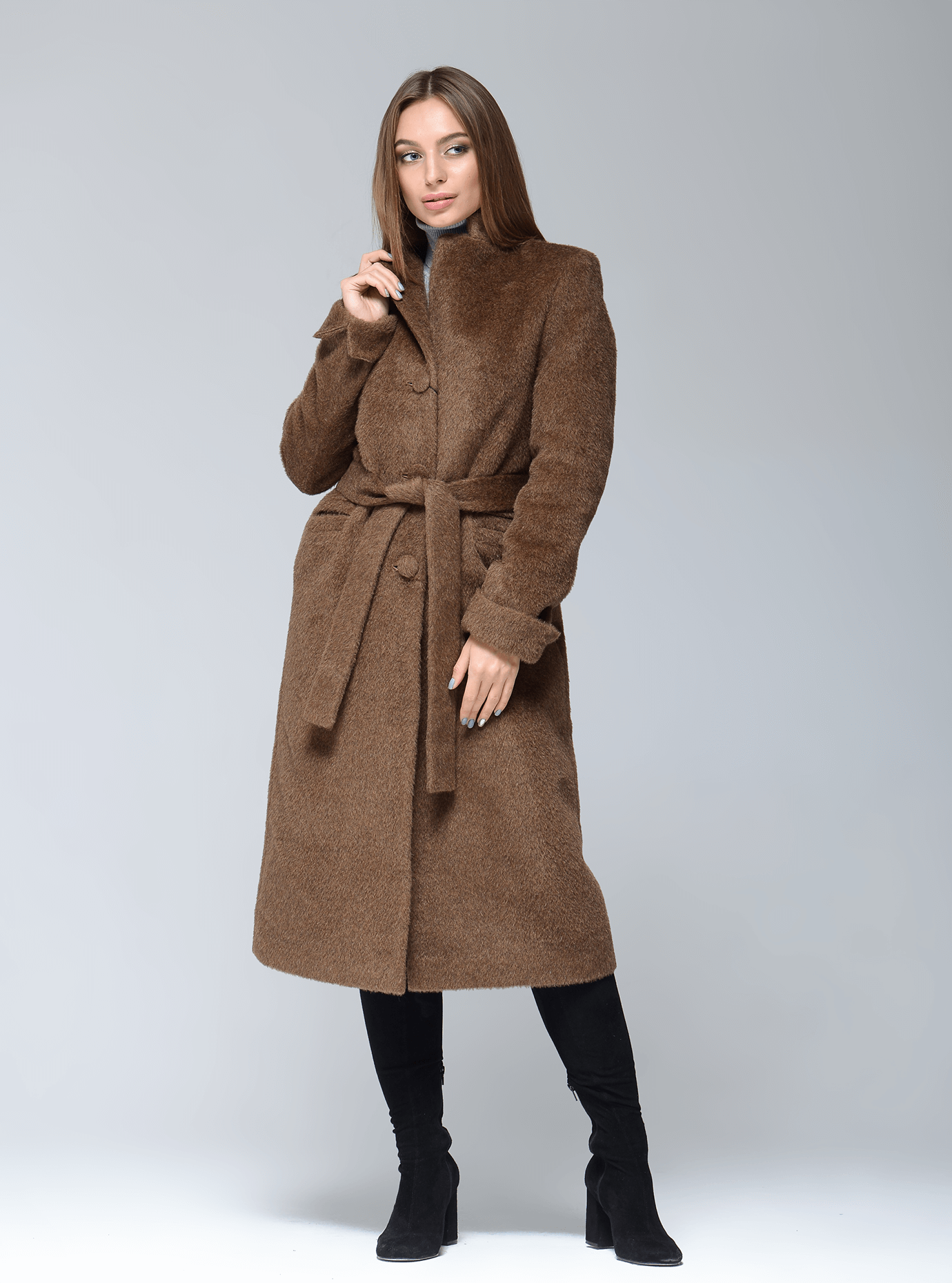 Пальто демісезонне довге з поясом Коричневий 42 (07-P17013): фото - Alster.ua