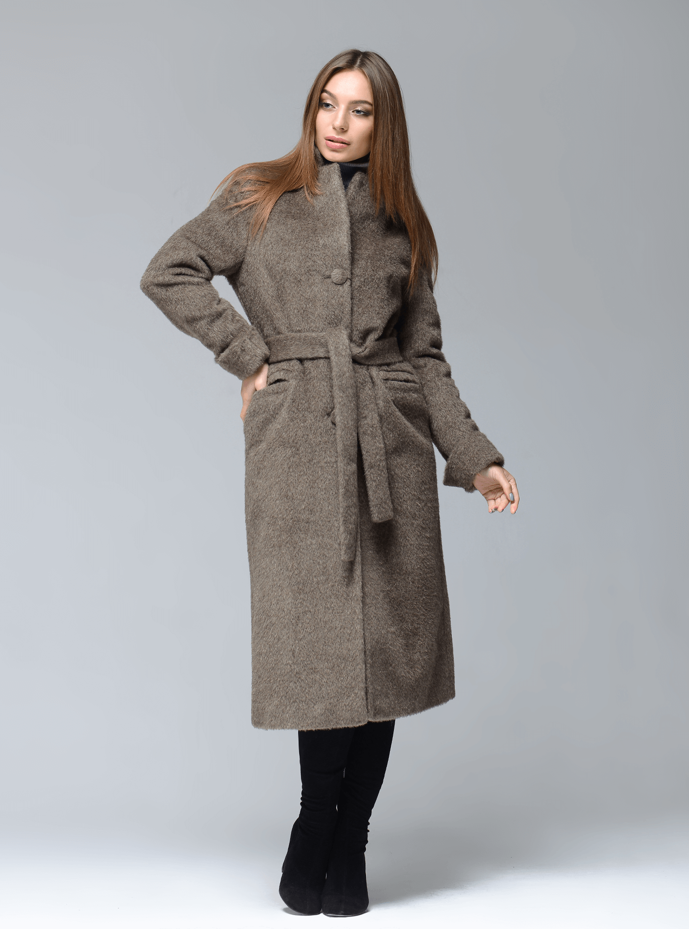 Пальто демісезонне довге з поясом Темно-сірий 42 (07-P17016): фото - Alster.ua
