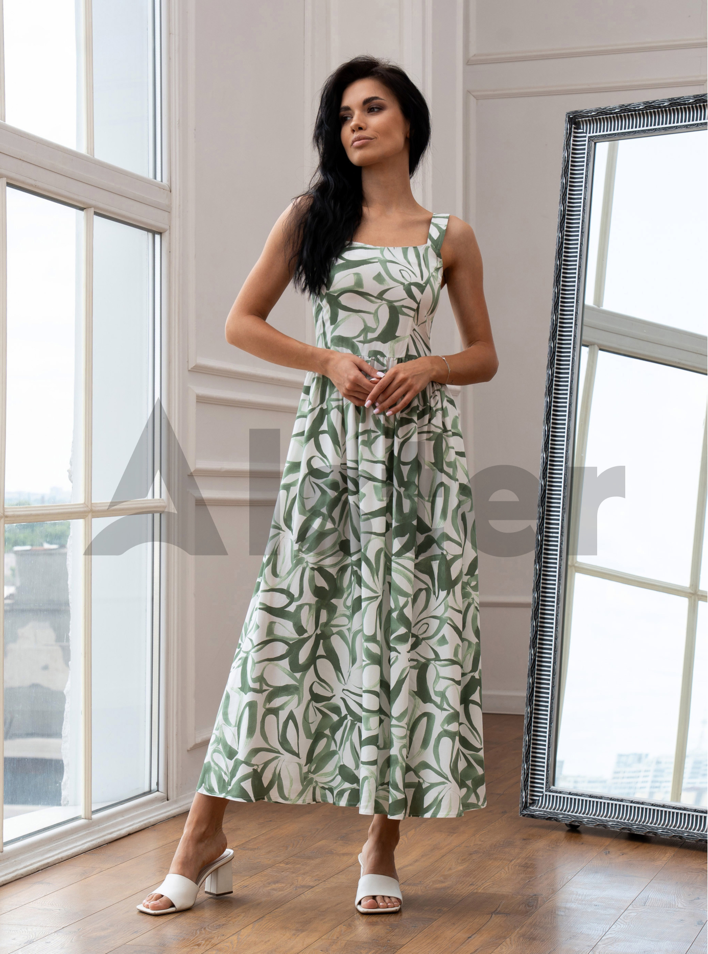 Летнее платье Nolvit PO-148 с абстрактным принтом Тёмно-зелёный XS (PO148-01): фото - Alster.ua