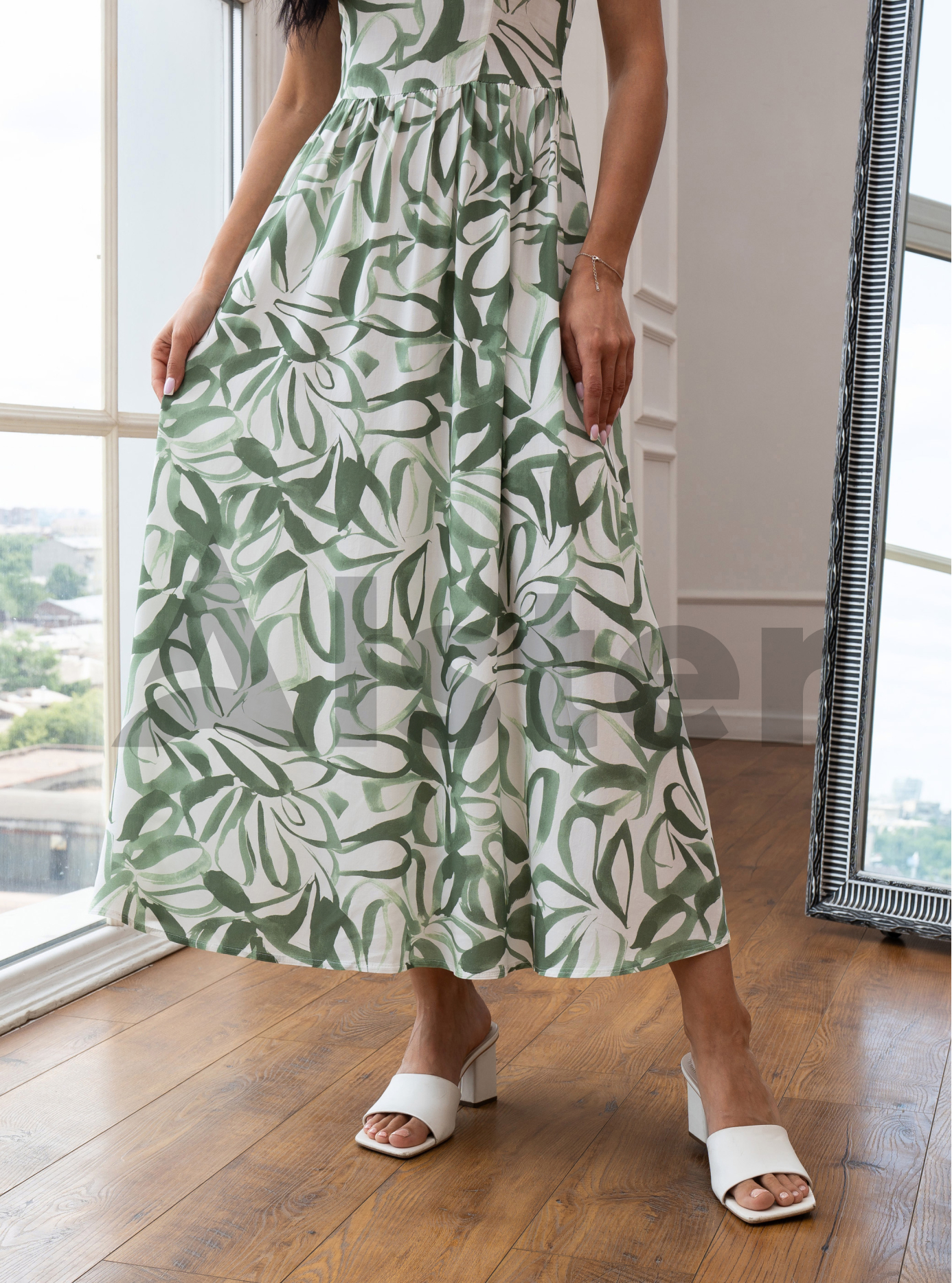 Летнее платье Nolvit PO-148 с абстрактным принтом Тёмно-зелёный XS (PO148-01): фото - Alster.ua