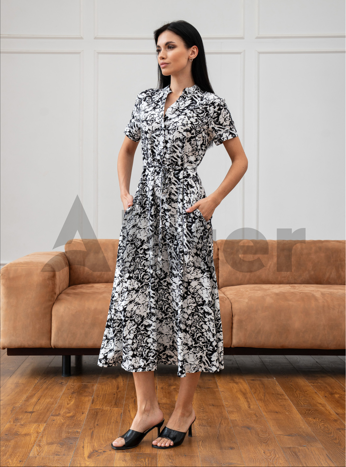 Летнее платье из льна с цветочным принтом Nolvit P-295 Чёрный 52 (P295-06): фото - Alster.ua