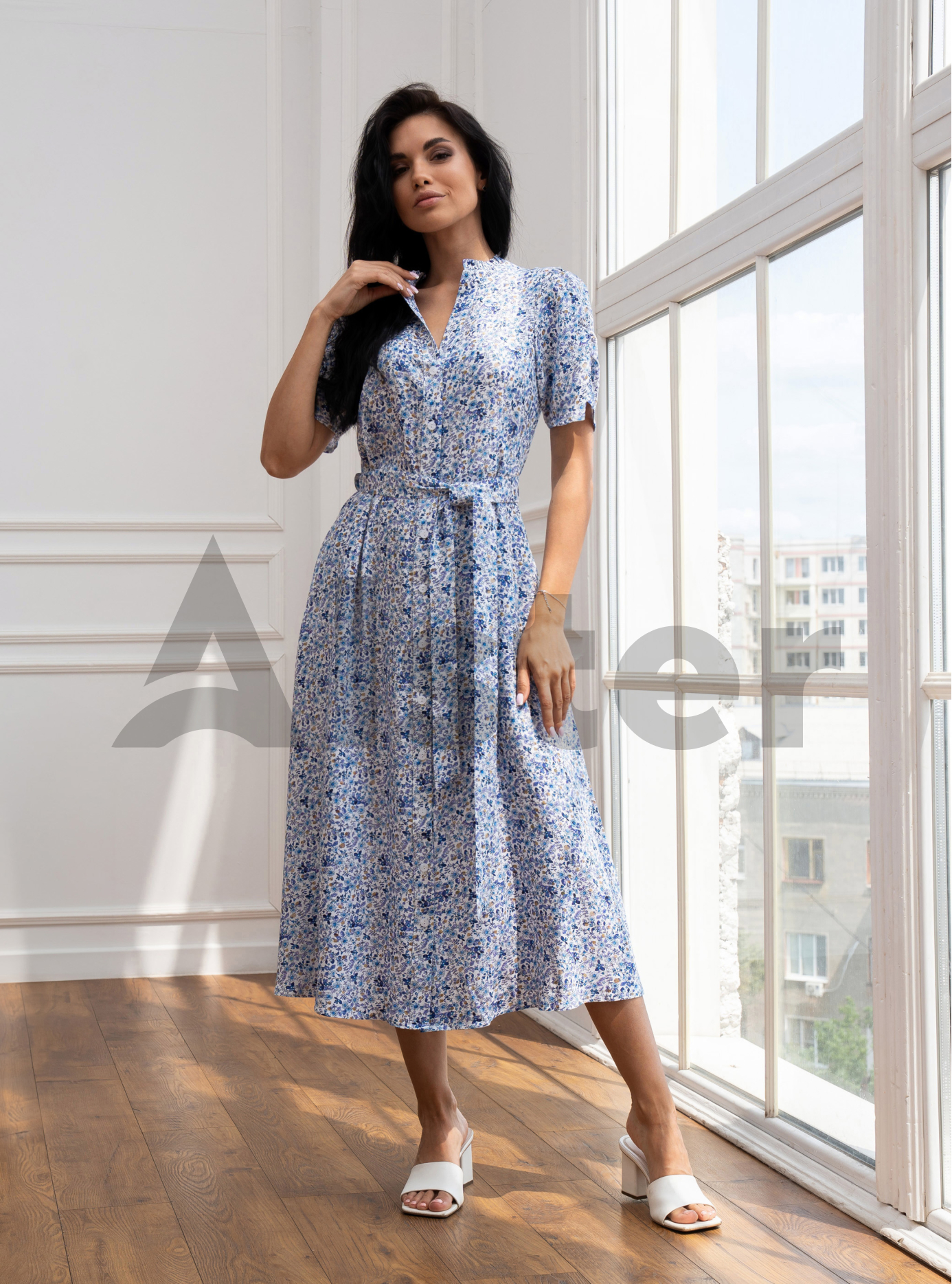 Длинное платье с коротким рукавом Nolvit PO-337 Голубой 44 (PO337-06): фото - Alster.ua