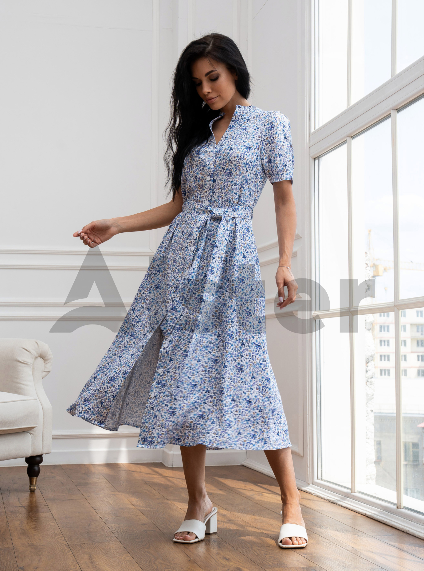 Длинное платье с коротким рукавом Nolvit PO-337 Голубой 44 (PO337-06): фото - Alster.ua